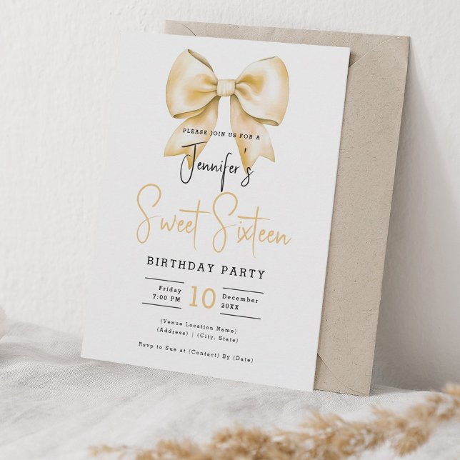 Guld Bow Coquette Cute Script Sweet 16 Party Inbjudningar (Gold Bow Coquette Cute Script Sweet 16 Party Invitation)