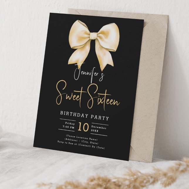 Guld Bow Coquette-skript, söt 16 Party svart Inbjudningar (Gold Bow Coquette Script Sweet 16 Party Black Invitation)