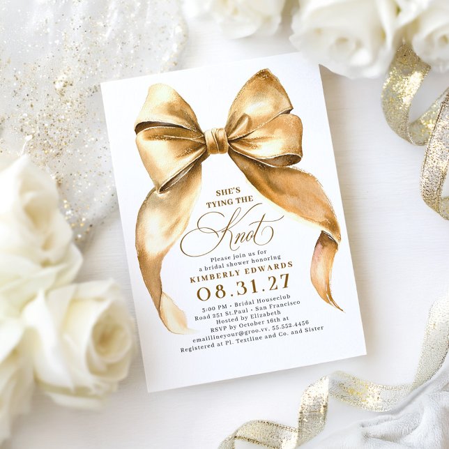 Guld Bow Hon är Gifter sig Möhippa Inbjudningar (bow bridal shower invitations)