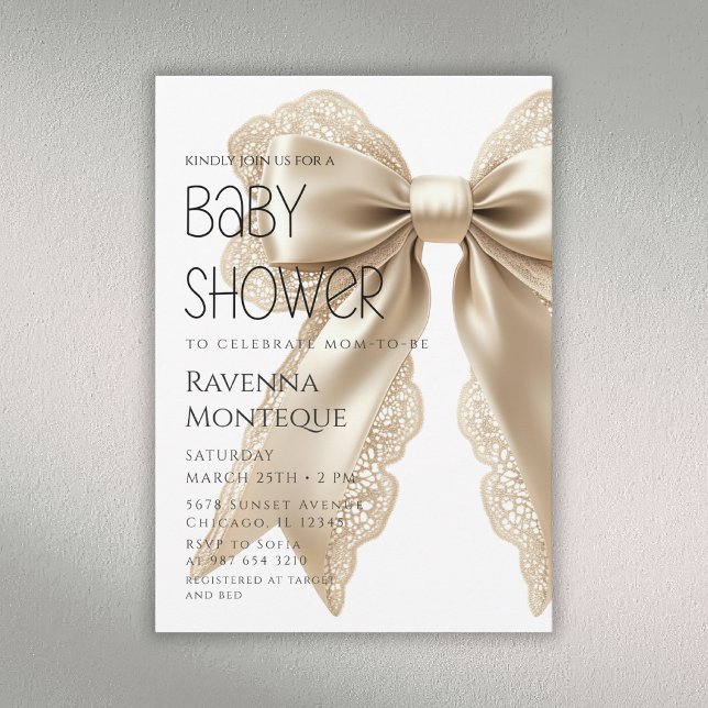 Guld Bow Minimal Lyx Personlig Baby Shower Inbjudningar (Skapare uppladdad)