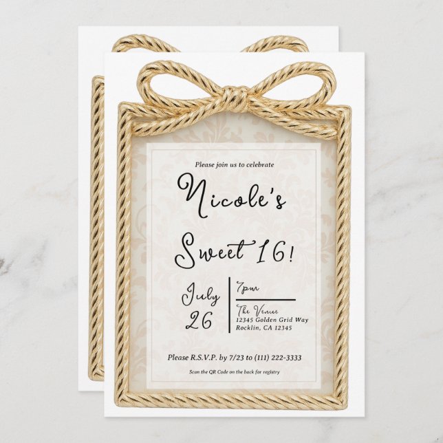 Guld Bow - nuvarande presentationsruta, sötat 16 P Inbjudningar (Fram/baksida)