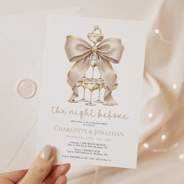 Guld Bow och Champagne Coquette Rehearsal Dinner Inbjudningar (Skapare uppladdad)