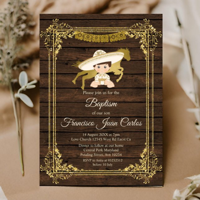 Guld Boy Baptism Mexican Christening Rustic Wood Inbjudningar (Skapare uppladdad)