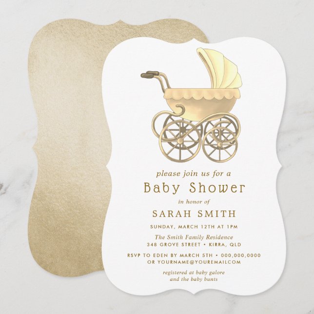Guld Boy eller Girl Barnvagn Pram Baby Shower Inbj Inbjudningar (Fram/baksida)
