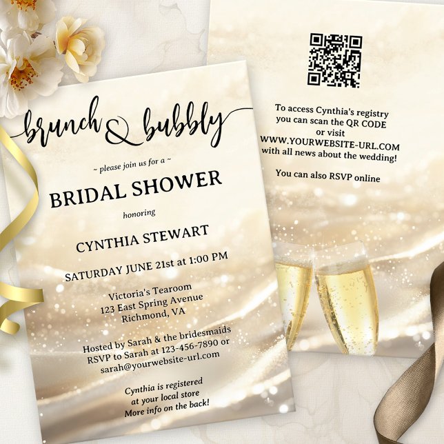 Guld Brch och Bubly Möhippa Inbjudningar (Modern brunch and bubbly bridal shower invitation featuring a festive design with gold sparkles)