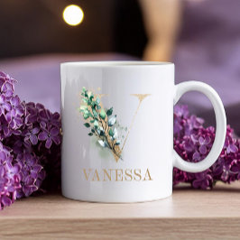 Guld Brev Blommigt Monogram V Kaffemugg