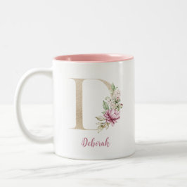 Guld Brev D, Monogram D, Rosa Blommigt ger henne Två-Tonad Mugg