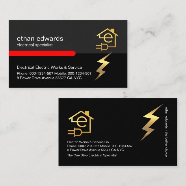 Guld Brev E Electrician Lightning Service Visitkort (Fram/baksida)