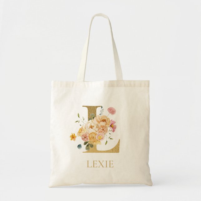 Guld Brev L Monogram Blommigt Vattenfärg Tote Bag Tygkasse (Framsidan)