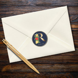Guld Brev R Elegant Blommigt Monogram Runt Klistermärke