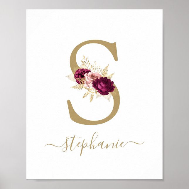 Guld Brev 'S' Nursery Namn Wall Art Poster (Framsidan)