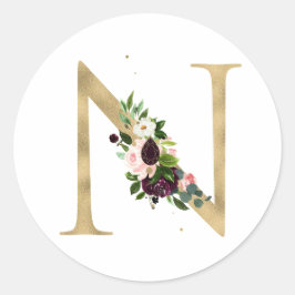 Guld brevbokstav MONOGRAM boho burgunder blommor Runt Klistermärke