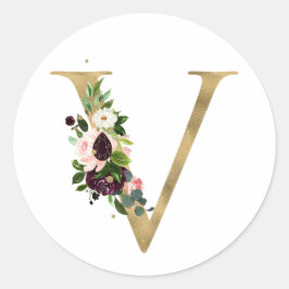 Guld brevbokstav MONOGRAM boho vinröda blommor Runt Klistermärke