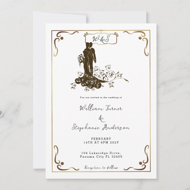 Guld Bride Groom Bröllop Silhouette Monogram Inbjudningar (Framsida)