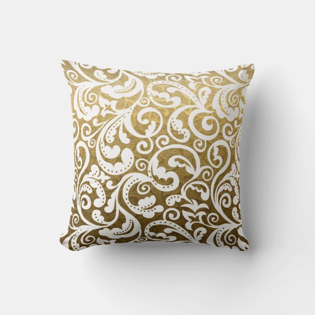 Guld brocade, vit blommönster kudde (Framsida)