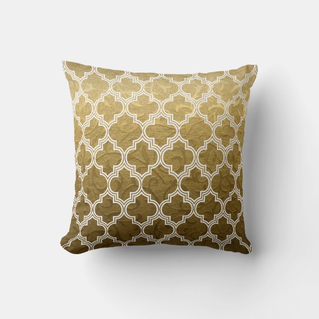 Guld brocade, vit quatrefolieläcka mönster kudde (Framsida)