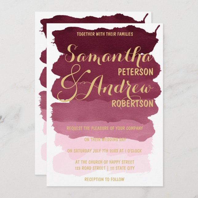 Guld- bröllop för ombre för burgundy inbjudningar (Fram/baksida)