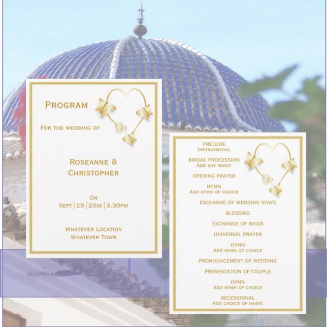 Guld Bröllop kyrkans program Butterflies Heart (Gold wedding church program butterflies heart design)