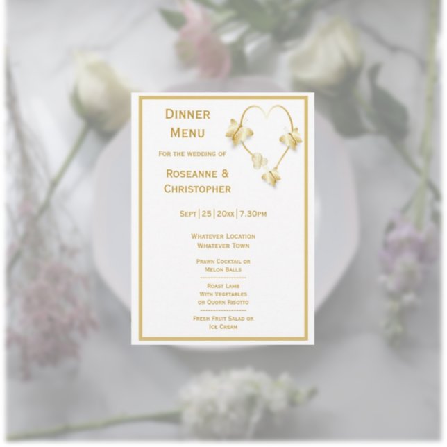 Guld Bröllop Menu Butterflies Heart Design Meny (Gold wedding menu butterflies heart design)