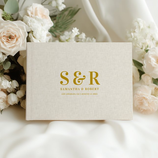 Guld Bröllop Monogram Beige Linen Gästböcker (Skapare uppladdad)