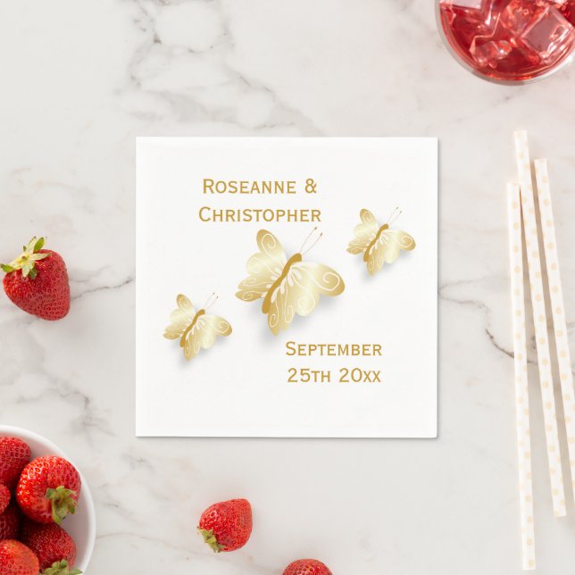 Guld Bröllop Napkins Butterflies Design Pappersservett (Insitu)