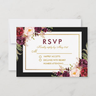 Guld Bröllop OSA i Watercolor Burgundy Blommigt Bl Kort