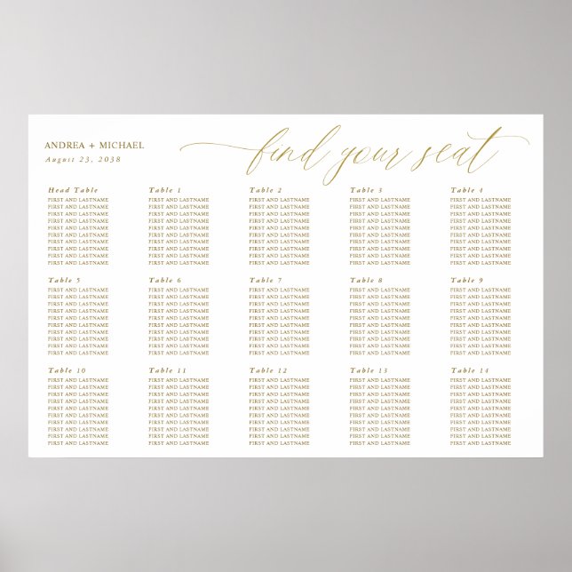 Guld Bröllops Sittplatskarta Elegant Kalligrafi Poster (Framsidan)