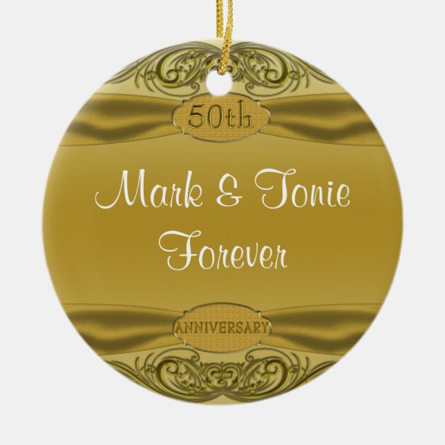 Guld- bröllopsdag för rullor 50th julgransprydnad keramik (Framsidan)