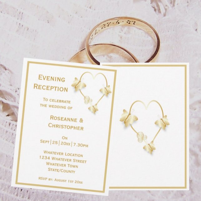 Guld bröllopsmottagning inbjudan fjärilar (Gold wedding evening reception invitation butterflies heart design)