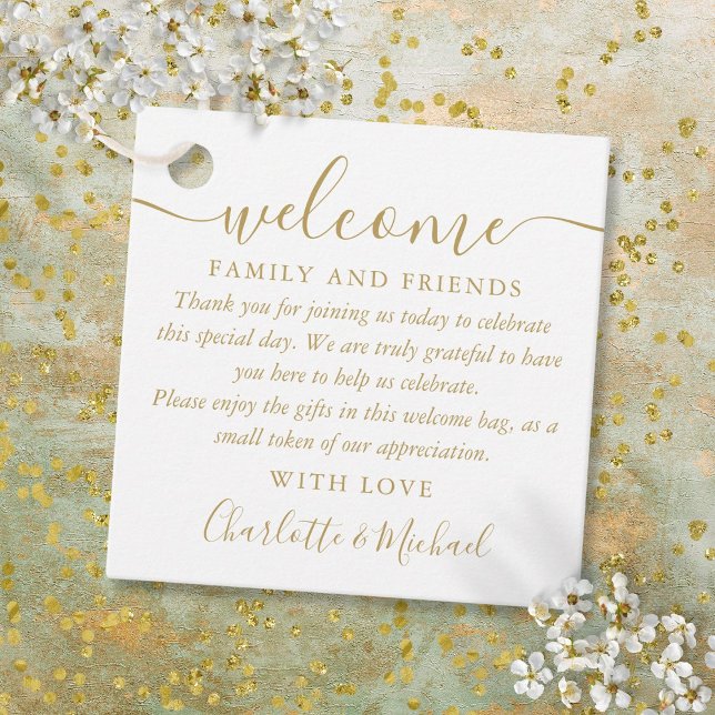 Guld bröllopspresentkorg väska tacka gåvor etiketter (Gold Wedding Welcome Gift Basket Bag Thank You Favor Tags)