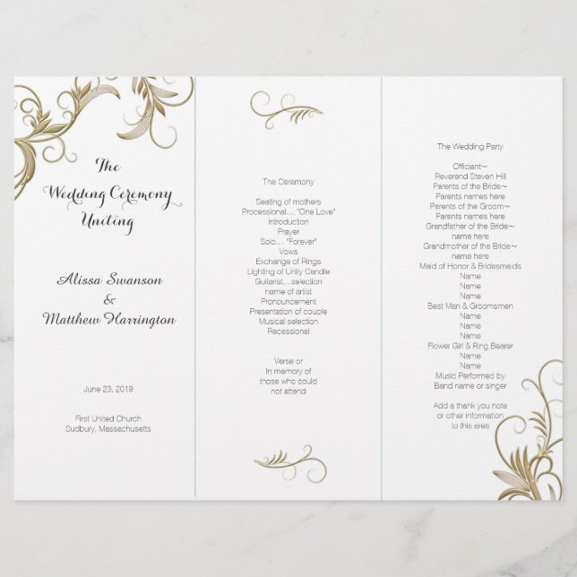 Guld: Bröllopsprogrammet Flourish White Tri-Fold (Framsida)