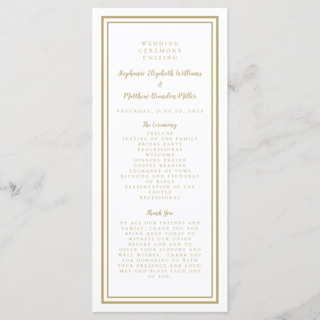 Guld bröllopstjänst Ceremoni Minimalistisk Elegant Program (Framsida)