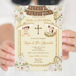 Guld Brown Baptism och Birthday Twin Fiesta Inbjudningar
