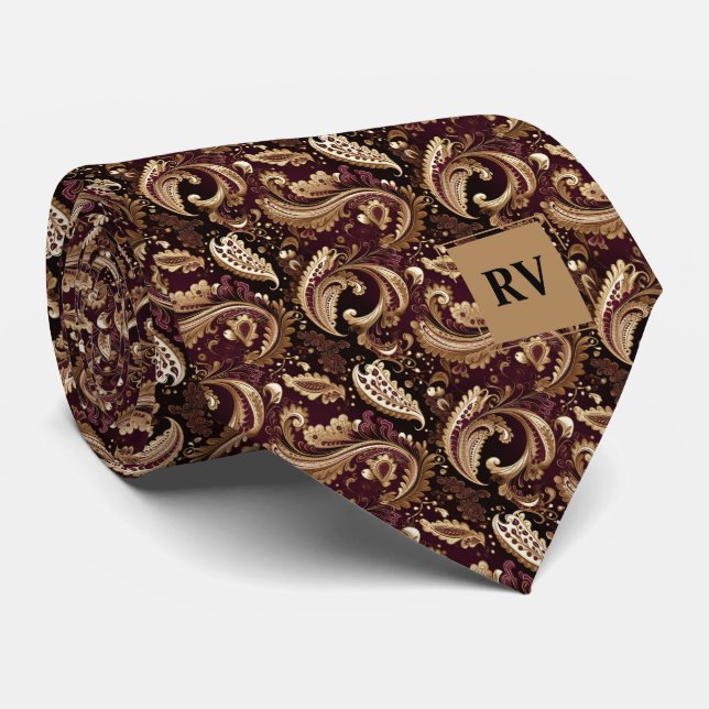 Guld & Brown Blommigt Paisley Mönster Slips (Rullad)