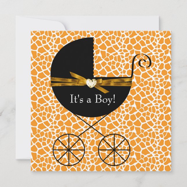 Guld Brown Carriage Boy Giraffe Baby Shower Inbjudningar (Framsida)