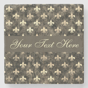 Guld Brown Fleur De Lis Anpassningsbar Text Stone Stenunderlägg