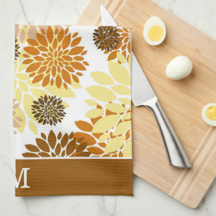 Guld Brown Flower Mönster Monogram Kökshandduk