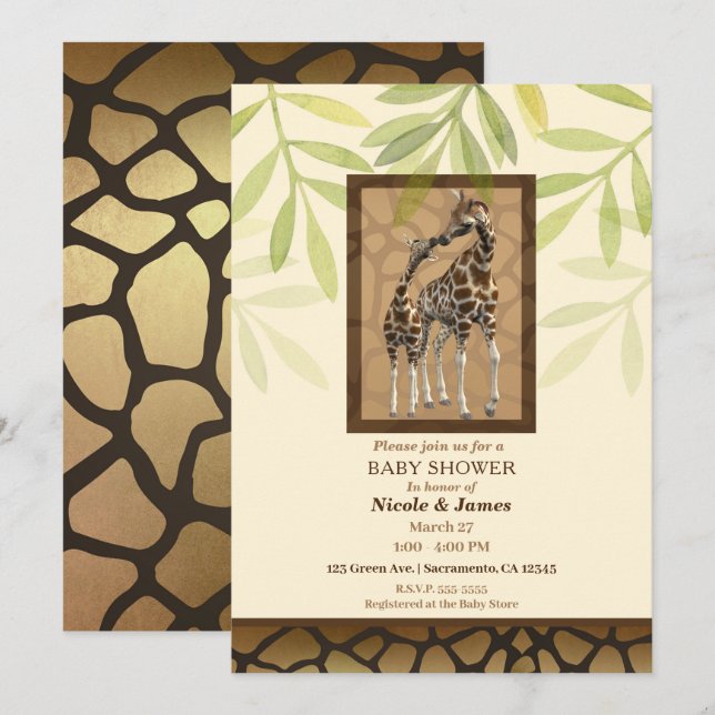 Guld Brown Kissing Giraffes Zoo Baby Shower Inbjudningar (Fram/baksida)