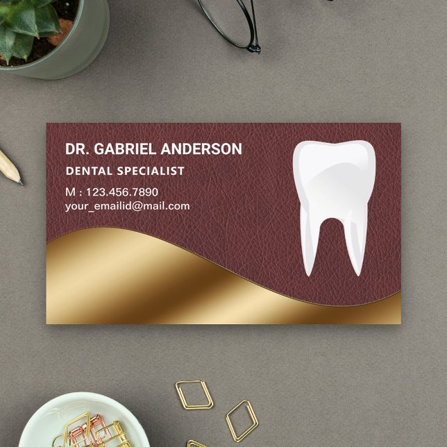 Guld Brown Leather Tooth Dental Clinist Dentist Visitkort (Skapare uppladdad)