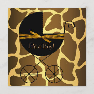 Guld Brun Vagn Pojke Giraff Baby Shower Inbjudningar