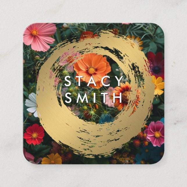 Guld Brushed | Färgblommor Fyrkantigt Visitkort (Framsida)