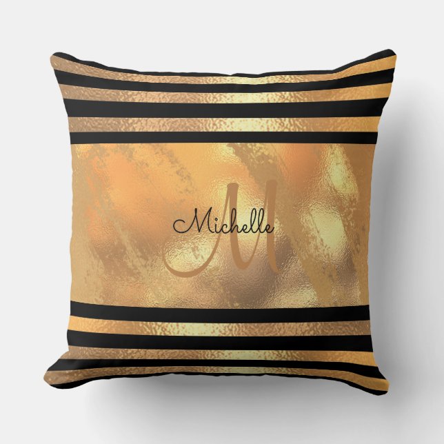 Guld Brushed Metall Glitter Monogram Namn bröllop Kudde (Framsida)
