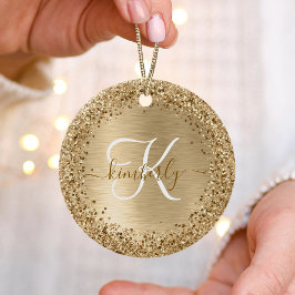 Guld Brushed Metall Glitter Monogram Namn Julgransprydnad Keramik