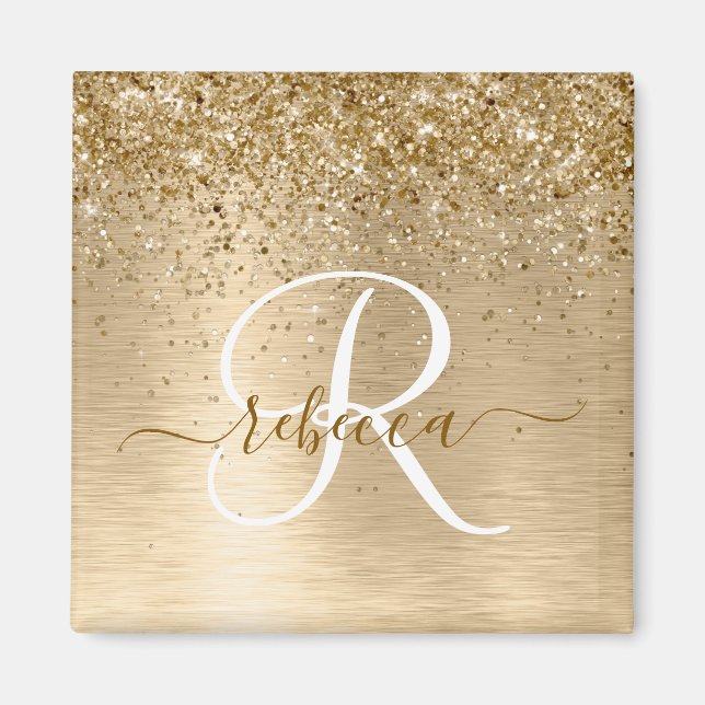 Guld Brushed Metall Glitter Monogram Namn Magnet (Framsidan)