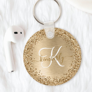 Guld Brushed Metall Glitter Monogram Namn Nyckelring