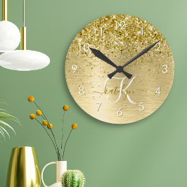 Guld Brushed Metall Glitter Monogram Namn Rund Klocka