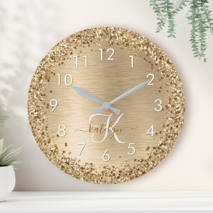 Guld Brushed Metall Glitter Monogram Namn Rund Klocka
