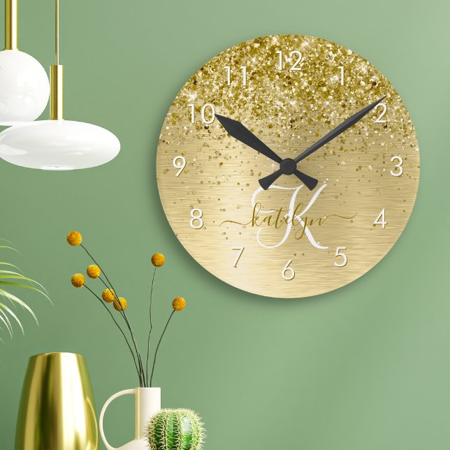 Guld Brushed Metall Glitter Monogram Namn Rund Klocka (Skapare uppladdad)