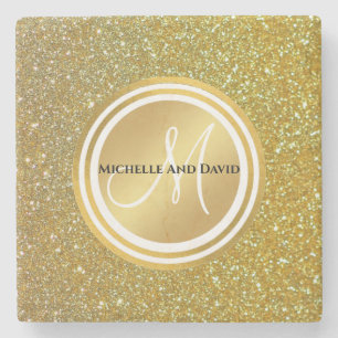Guld Brushed Metall Glitter Monogram Namn Stenunderlägg