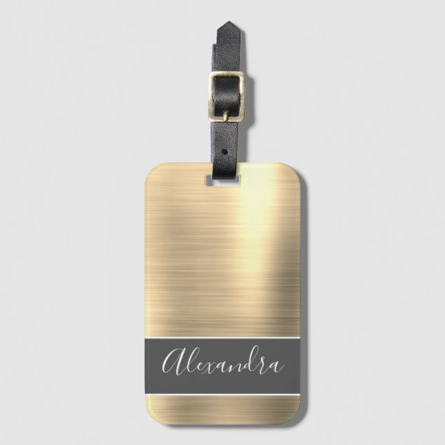Guld Brushed Metall Monogram Namn Bagagebricka (Framsida vertikal)